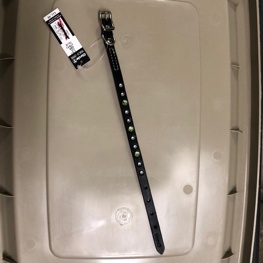 12” leather dog collar with Peridot and clear gems